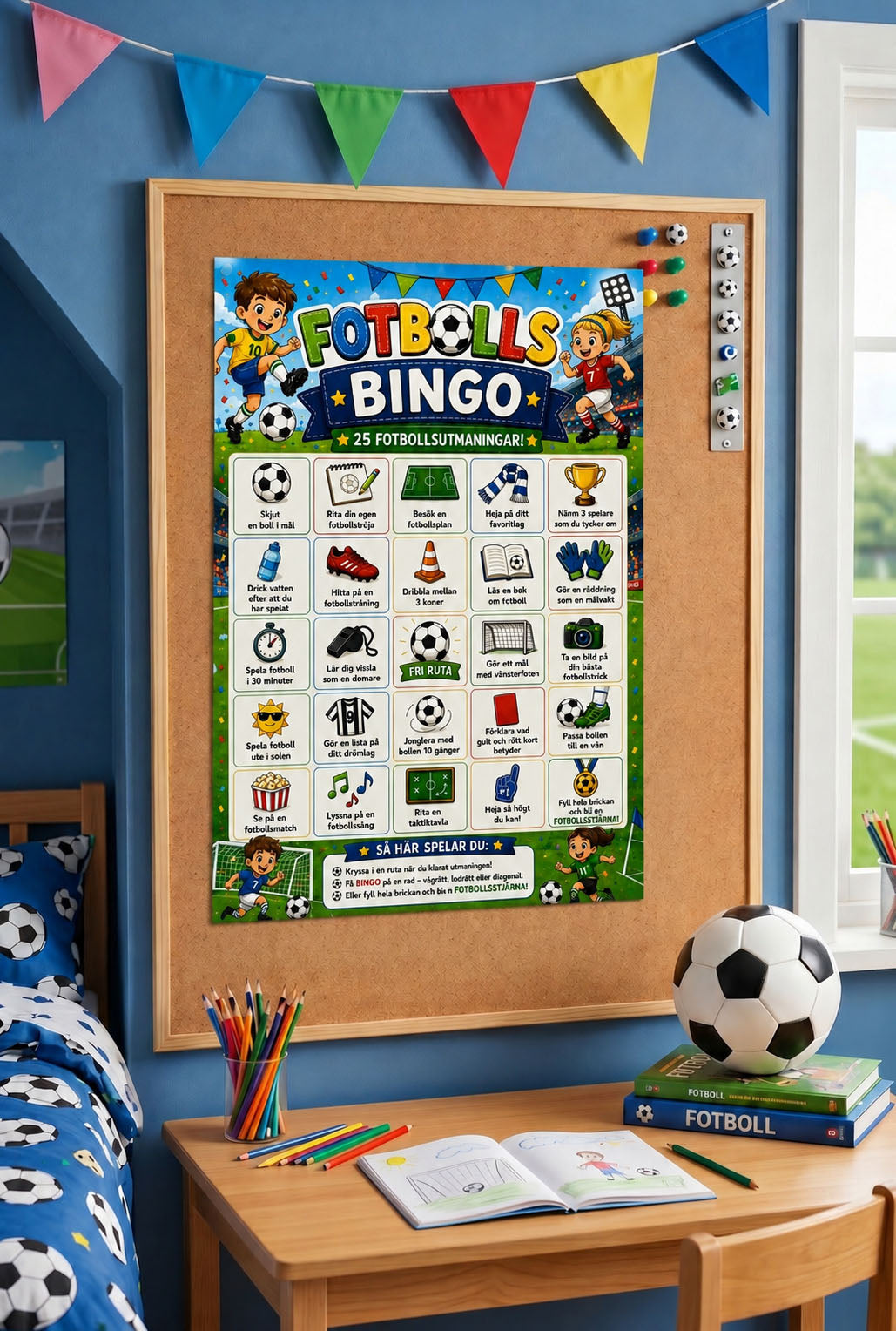 fotbollsbingo på en anslagstavla i ett blått barnrum