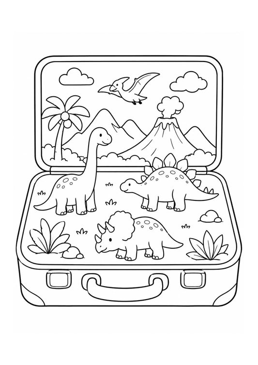 Resväska med dinosaurievärld - Gratis målarbild
