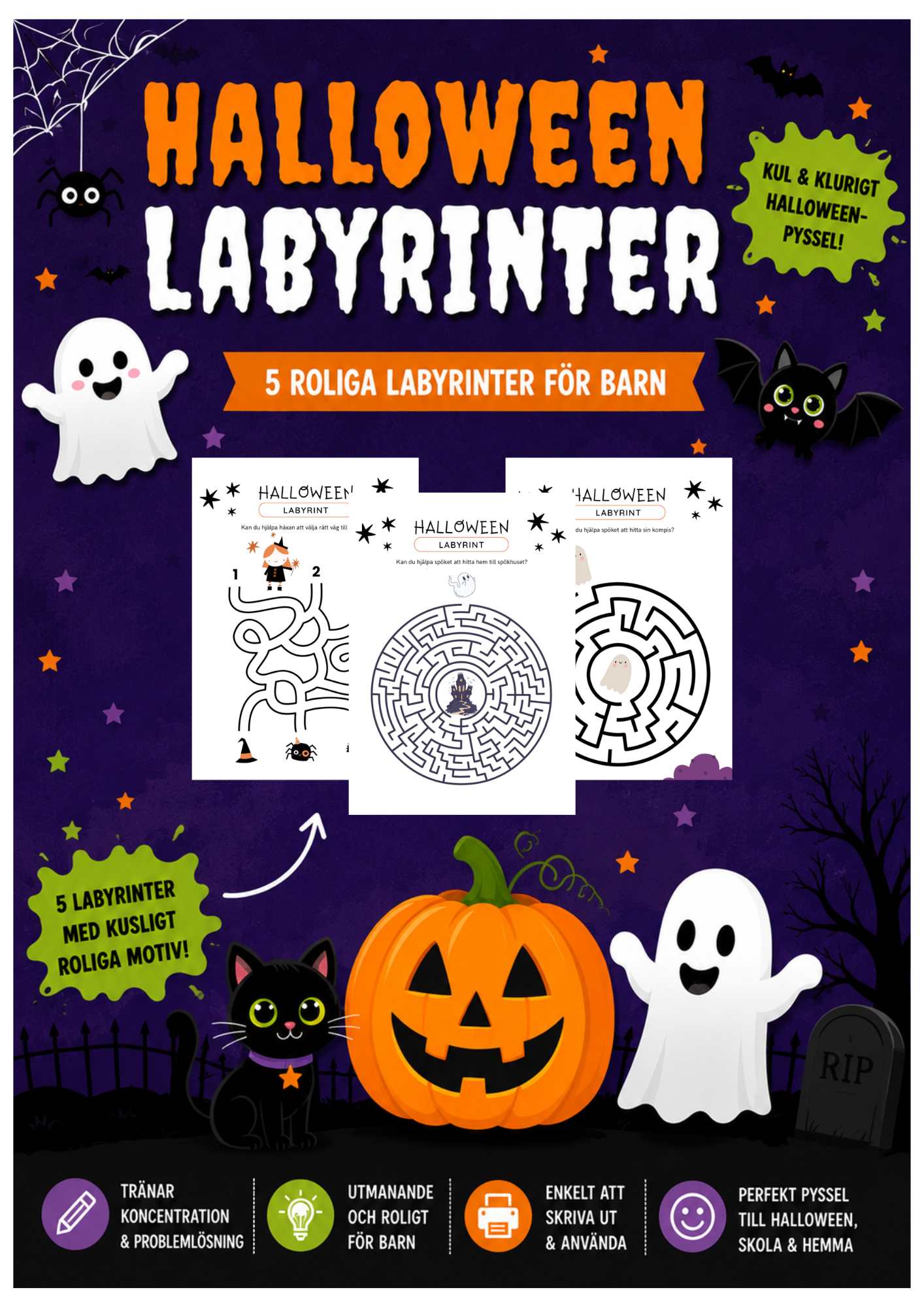 Halloweenlabyrinter för barn – paket med 5 roliga labyrinter