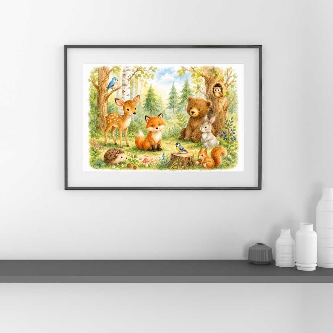 Poster från pysselverkstan med skogens djur i akvarell