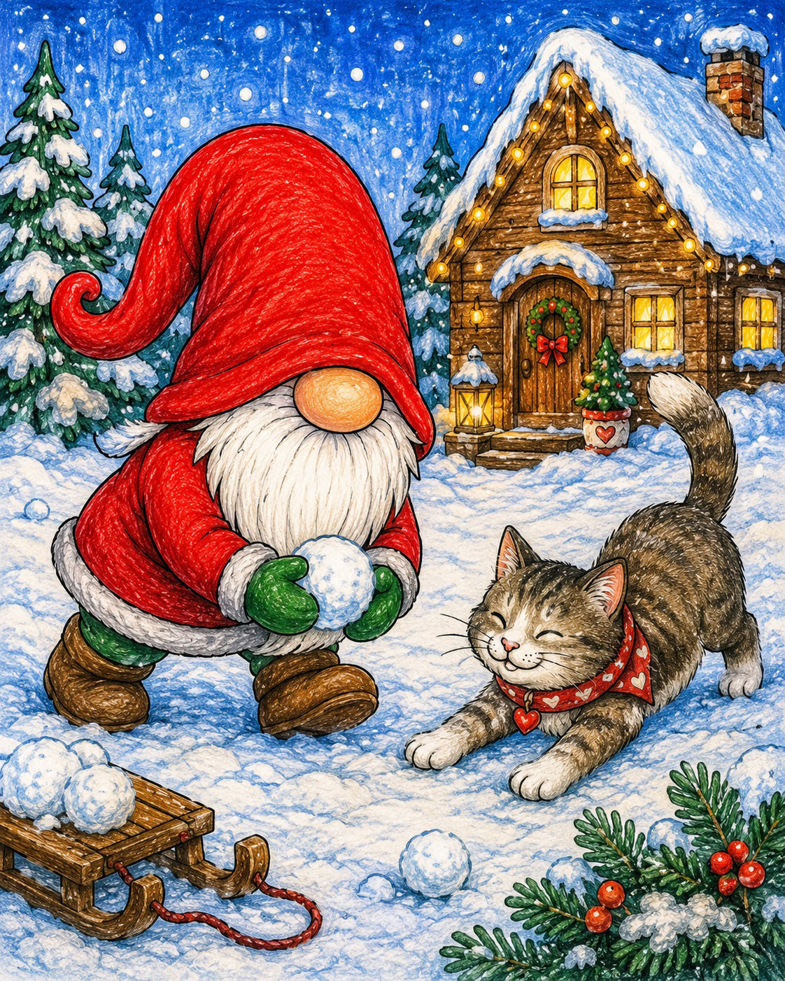 Nisse leker med en katt - Gratis målardbild
