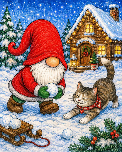 Nisse leker med en katt - Gratis målardbild
