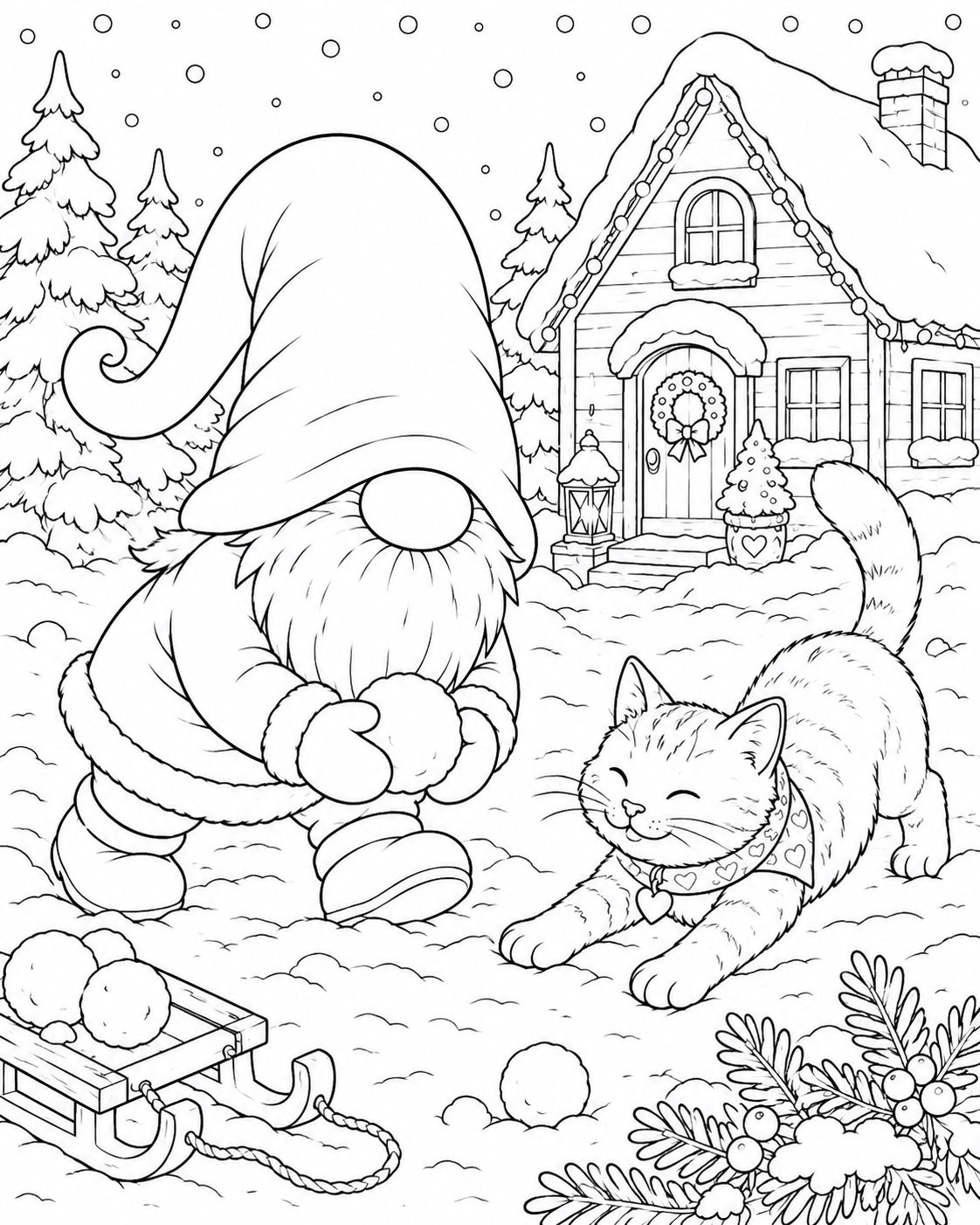 Nisse leker med en katt - Gratis målardbild