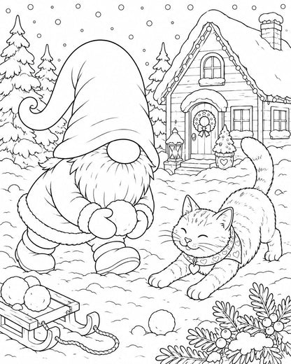 Nisse leker med en katt - Gratis målardbild