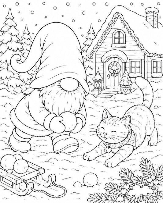 Nisse leker med en katt - Gratis målardbild
