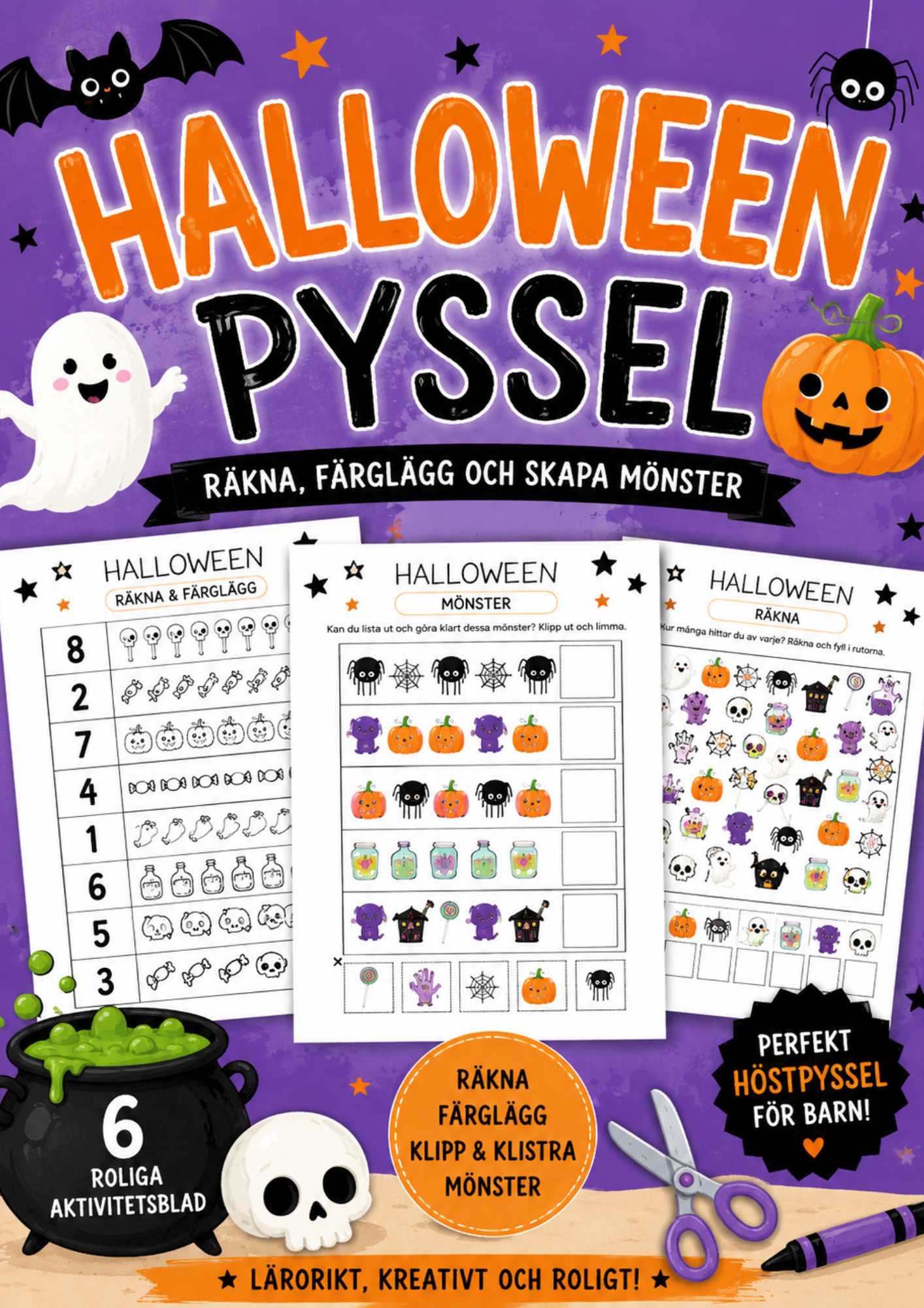 Roligt halloweenpyssel med 6 aktivitetsblad där barn får räkna, färglägga, klippa, klistra & fortsätta mönster. 