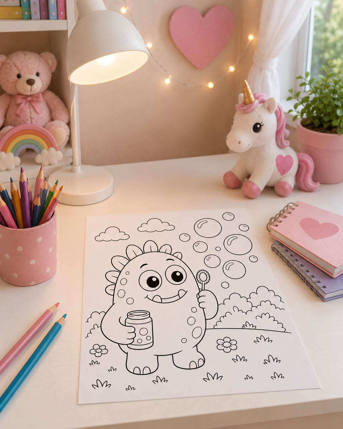 ett monster blåser såpbubblor på en målarbild på ett skrivbord med rosa inredning