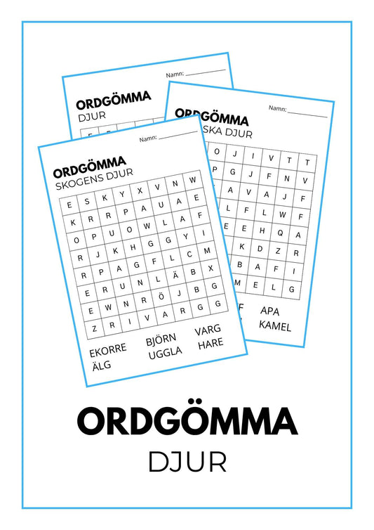  Ordgömma – Djur innehåller tre enkla ordgömmor med välkända djur från bondgården, skogen och världens alla hörn. 