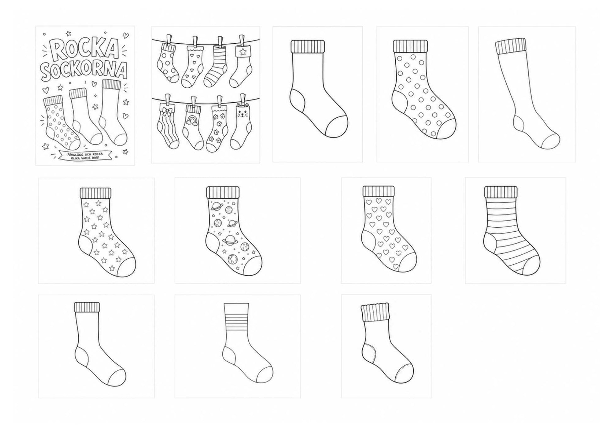 översiktsbild på strumporna som ingår i Målarbilder med strumpor till rocka sockorna dagen den 21 mars