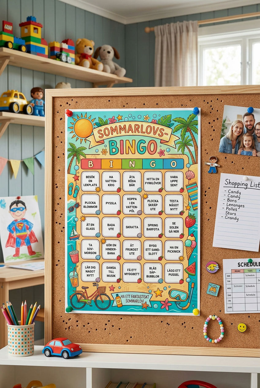 Sommarlovsbingo på en anslagstavla i ett barnrum