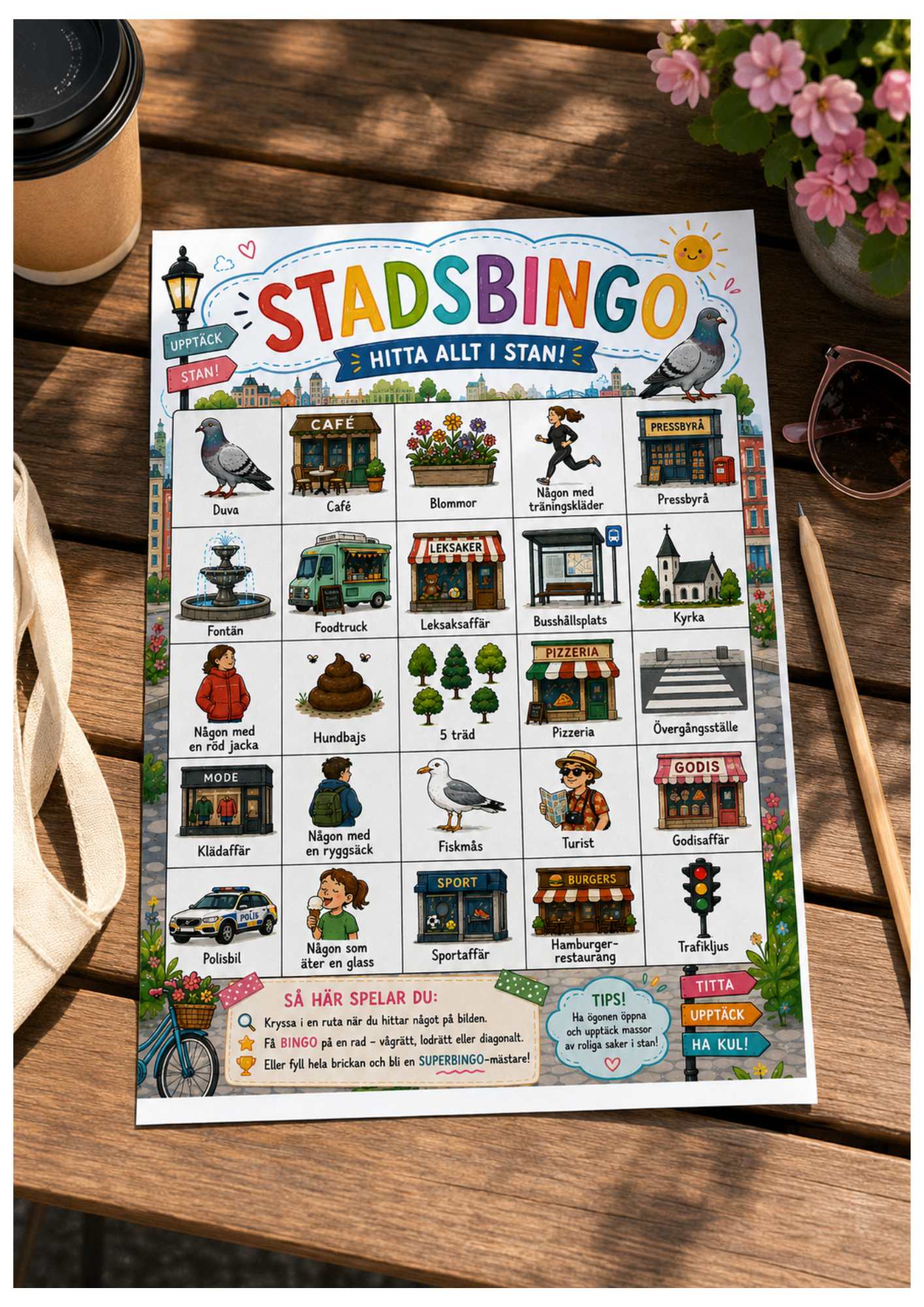 Stadsbingo för promenader i stan