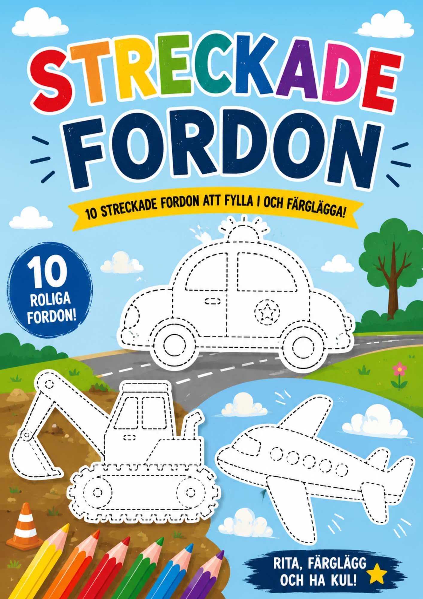 Streckade fordon för barn – 10 roliga målarbilder