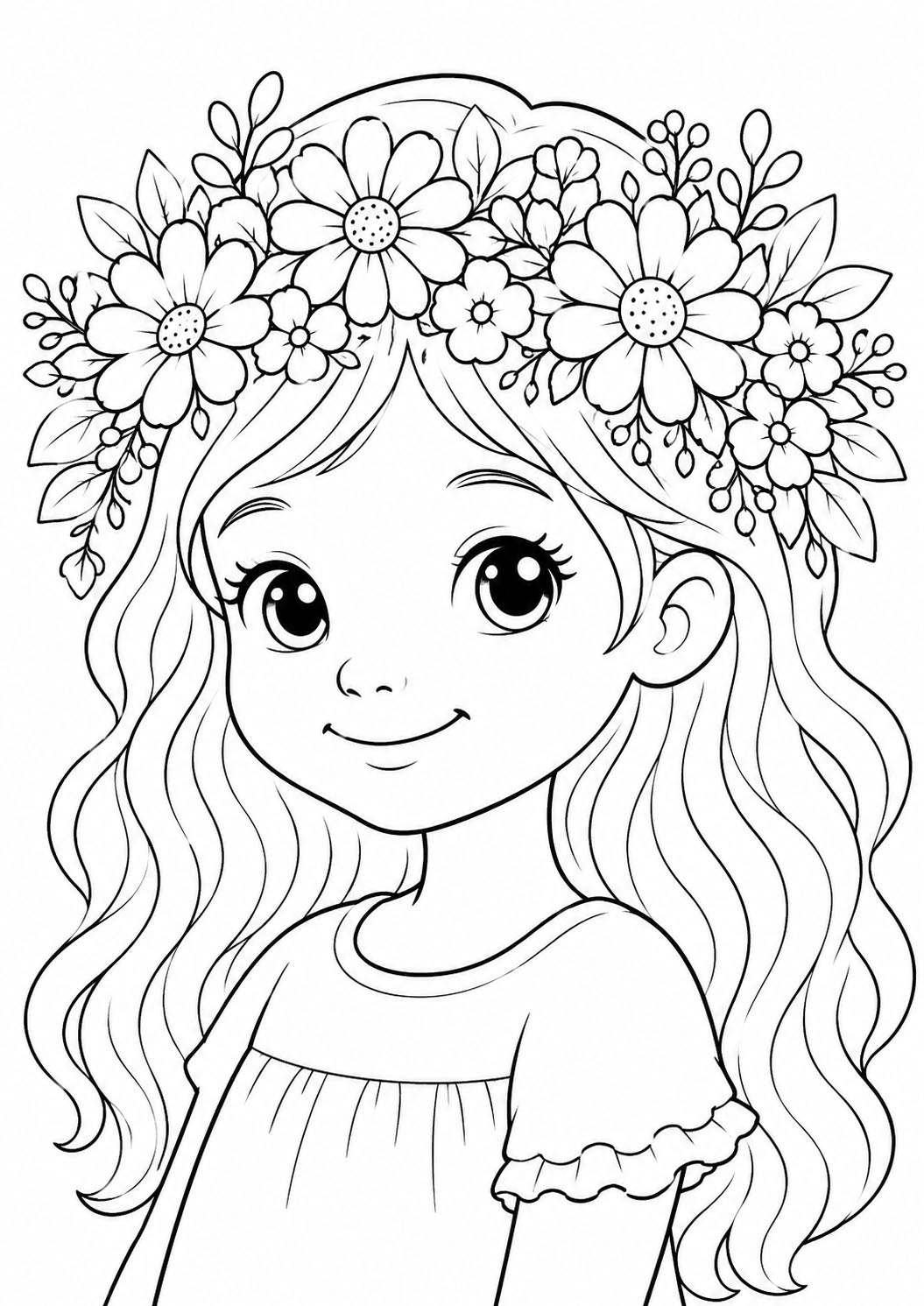 Tjej med blomsterkrans - Gratis målarbild