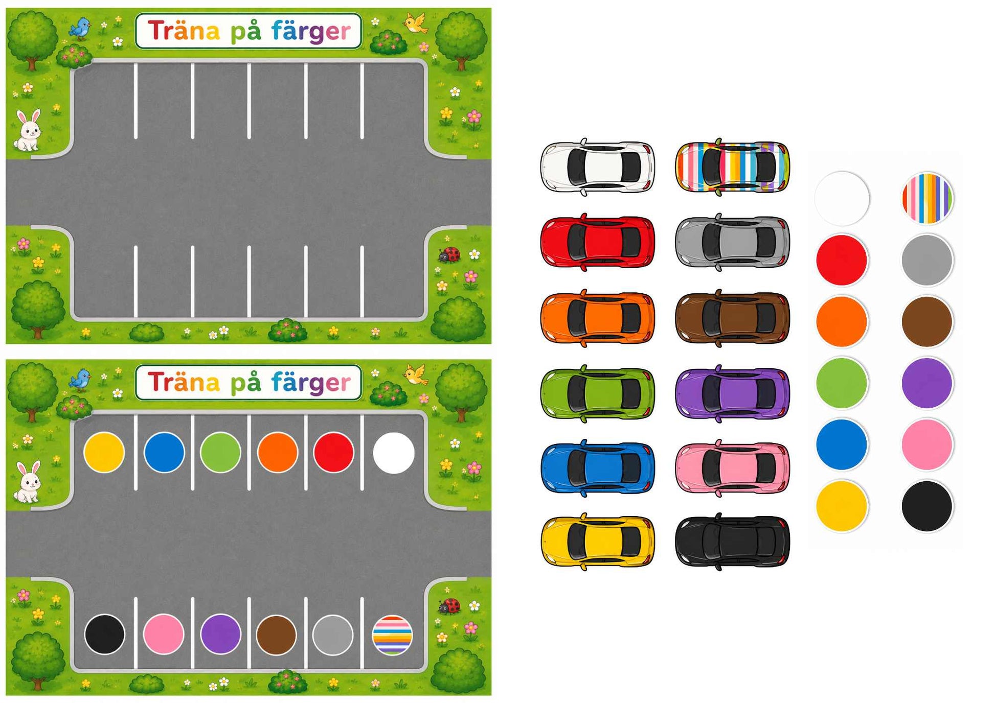 två parkeringar och 12 bilar i färgglada färger