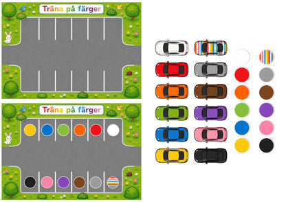 två parkeringar och 12 bilar i färgglada färger