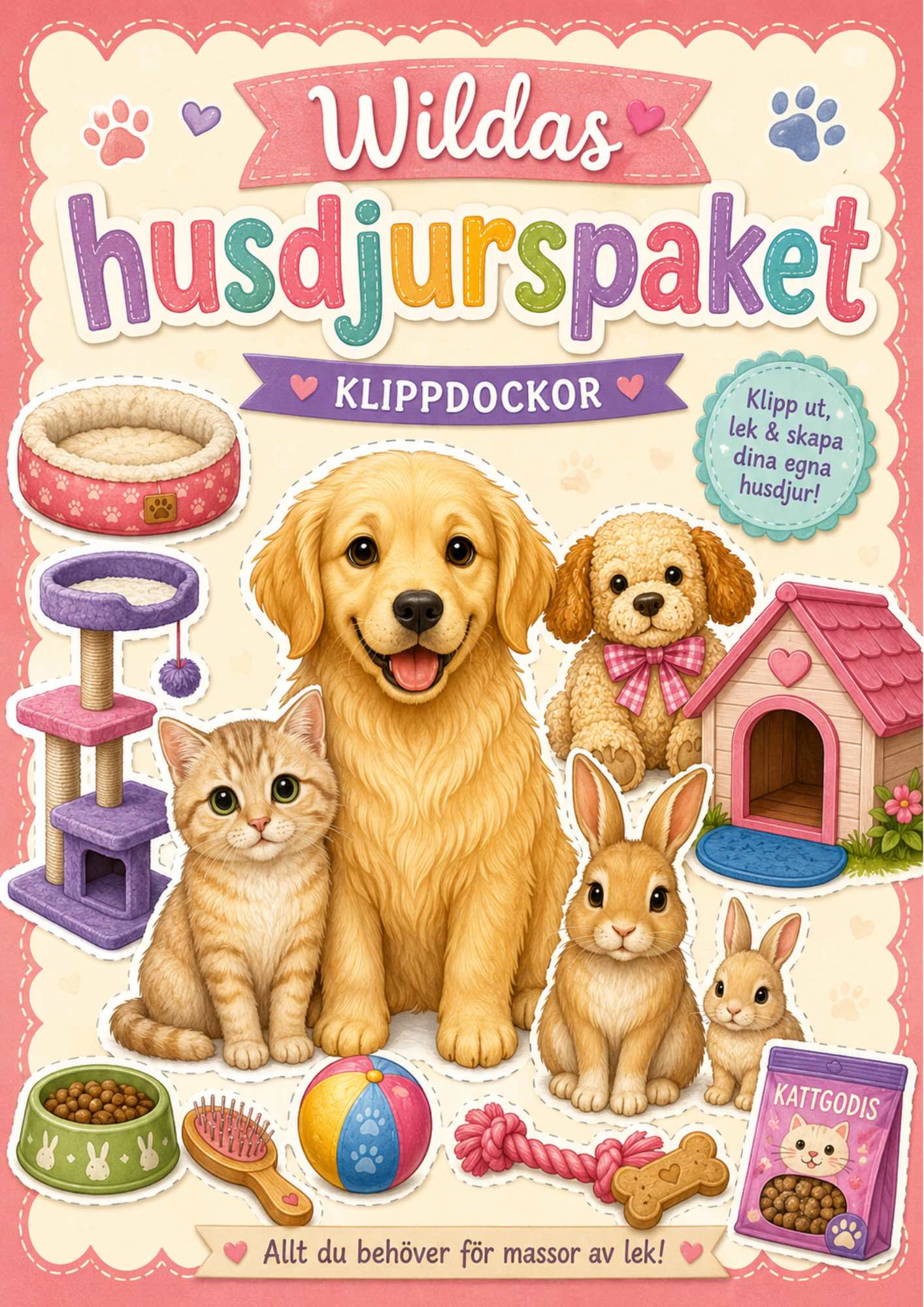 Wildas husdjurspaket med hund, katt, kanin, smådjur och tillbehör till klippdockor