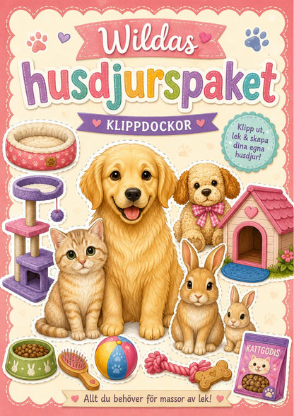 Wildas husdjurspaket med hund, katt, kanin, smådjur och tillbehör till klippdockor