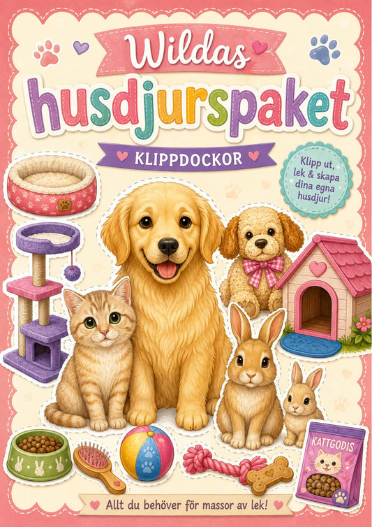 Wildas husdjurspaket med hund, katt, kanin, smådjur och tillbehör till klippdockor